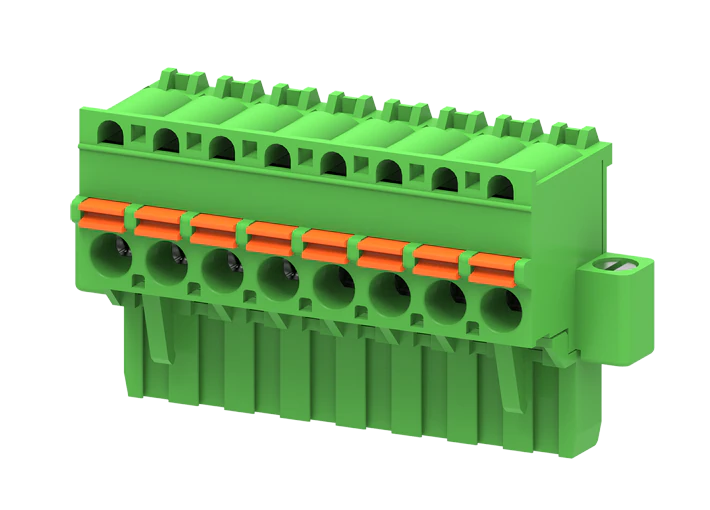 Розеточный разъем на кабель MC-RN5.08V20P-K-0001 - Розеточный разъем, угловой, на кабель, шаг: 5.08 мм, 20 полюсов, фиксация провода Push-In исполнение: с монтажными фланцами, 320V, 12A, цвет: зеленый