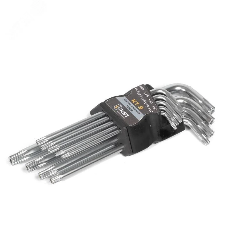 Набор ключей TORX КТ-9 (Т10-Т50) серия KBT-PROFESSIONAL - предназначен для монтажа крепежных изделий с внутренним профилем TORX, в том числе и в антивандальном исполнении, в наборе 9 ключей с типоразмерами Т10/T15/T20/T25/T27/T30/T40/T45/T50