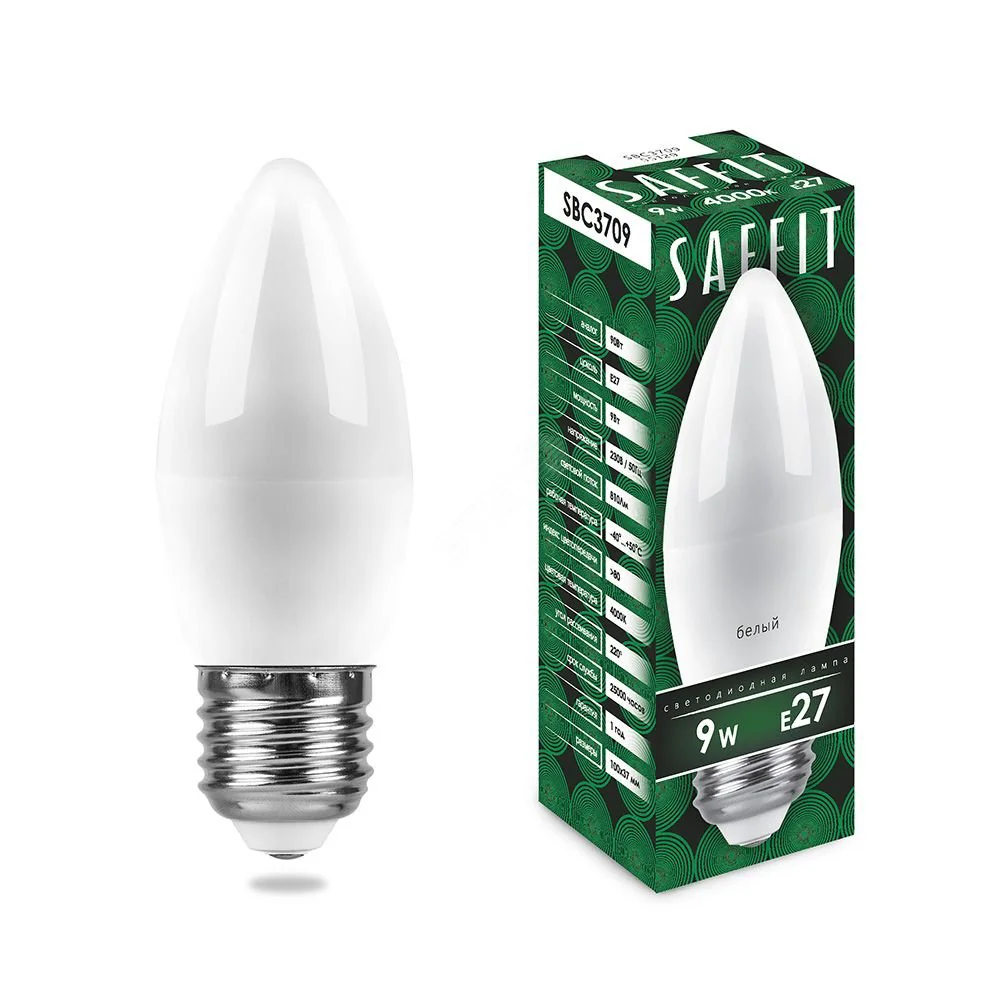 Лампа светодиодная LED 9вт Е27 белый матовая свеча 55129