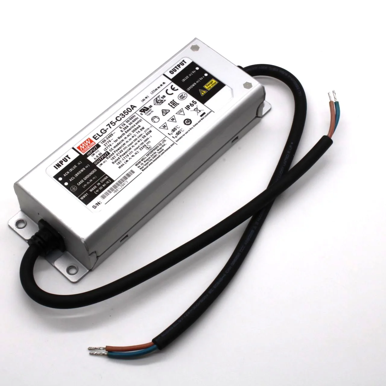 ELG-75-C350A - AC-DC, 74.9Вт, IP65, вход 100…305В AC, 47…63Гц/142…431В DC, ККМ, выход 107…214В/350мА, изоляция 3750В AC, в кожухе 180х63х35.5, -40…+85°С (корпус), рег. выхода