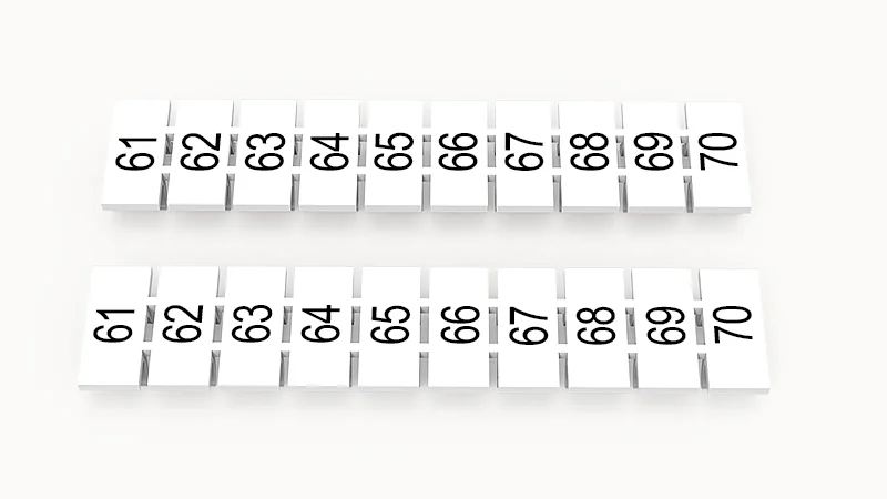 Марк.  полоска ZB6-10P-19-251Z(H) - Маркировочные шильдики для клемм WS…, DC…, PC…, сечением 4 мм кв., центральная, 10 шильдиков нанесенные символы: 61-70, с горизонтальным расположением, размер шильдика: 5,55х10,7 мм, цвет белый
