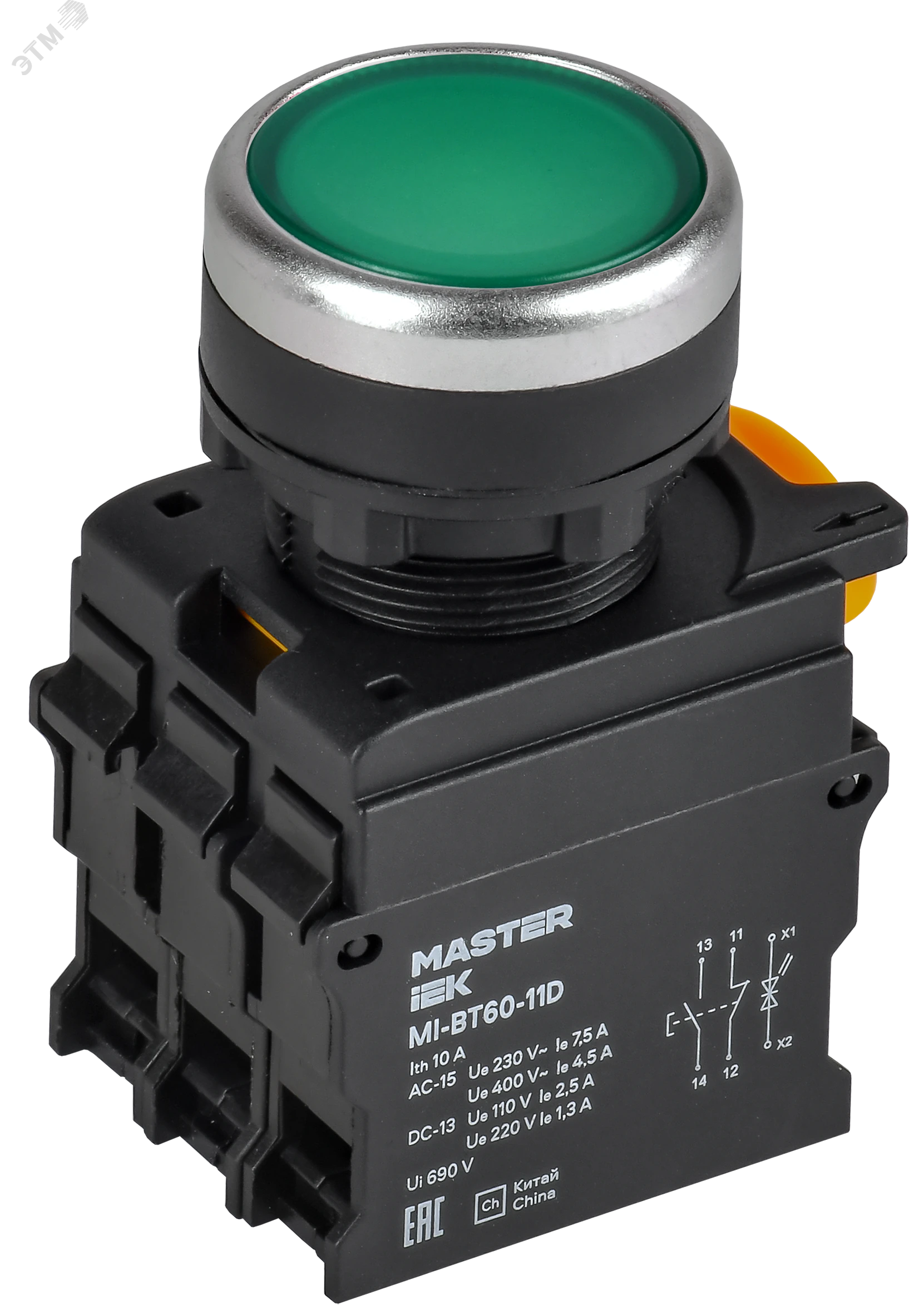 Кнопка с подсветкой d=22мм 1NO+1NC зел-ная MASTER IEK MI-BT60-11D-3-12-K06