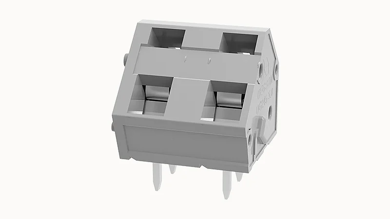 PCB клемма DG245-7.5-02P-11 - Клемма PCB, на плату, пайка, шаг 7,5 мм, 2 полюса, угол монтажа 45 гад., сечение проводников: 0.2 - 2.5 мм кв., пружинная фиксация провода, 750V, 17А, цвет: серый, серия DG245