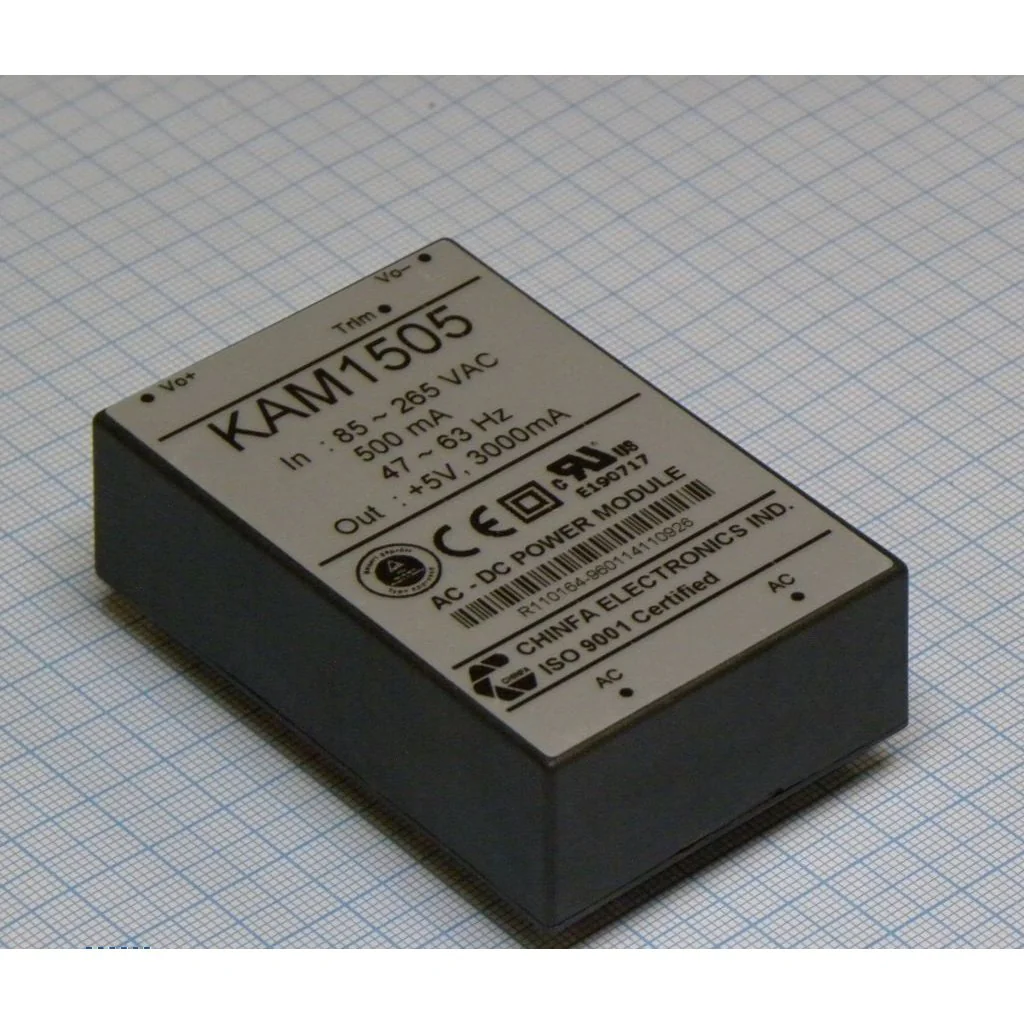 KAM1505 - AC-DC, 15Вт, выход 5В/3A, рег. вых=±10%Uном, вход 85…265V AC, 47…63Гц / 120...370V DC ,  изоляция 3000V AC, в кожухе 76х51х23мм, -20…+50°С