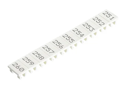 Шильдик 9705A/5/10 B  251-260 - Маркировка для клемм сечением 2,5 мм.кв., шириной 5 мм, 10 шильдиков, белая, нанесенные знаки: 251 – 260