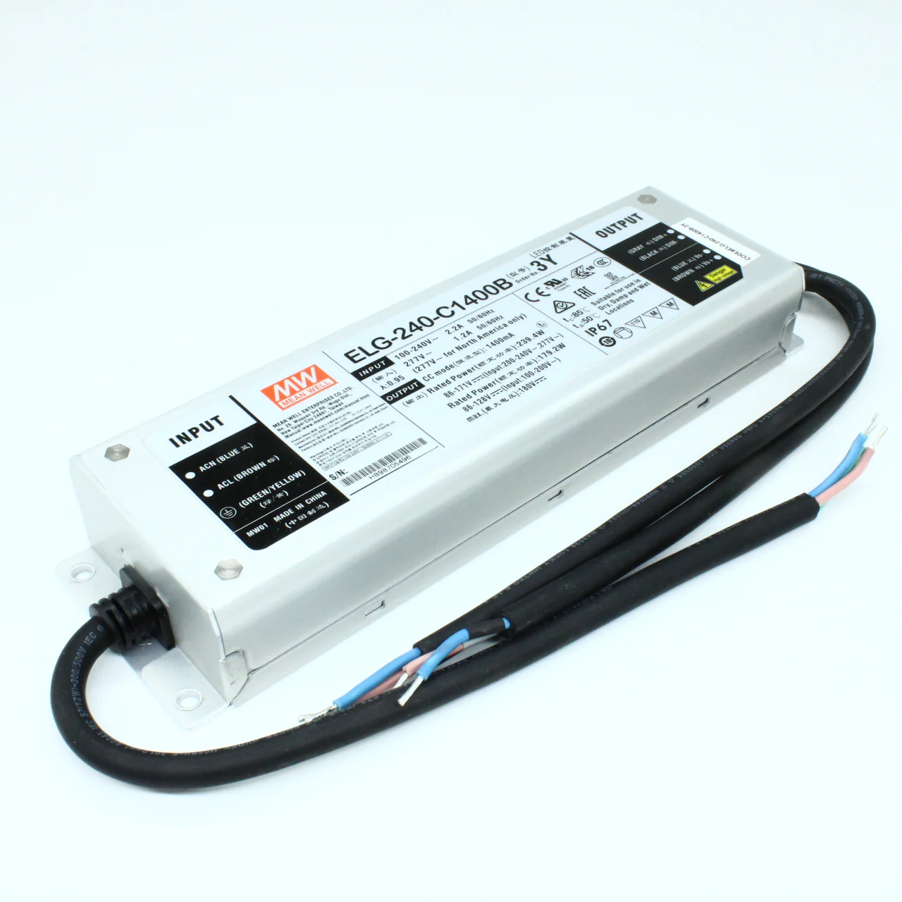 ELG-240-C1400B-3Y - AC-DC, 239.4Вт, IP67, вход 100…305В AC, 47…63Гц/142…431В DC, ККМ, выход 86…171В/1400мА, изоляция 3750В AC, в кожухе 244х71х37.5, -40…+70°С, димминг 3 в 1, с проводом заземления