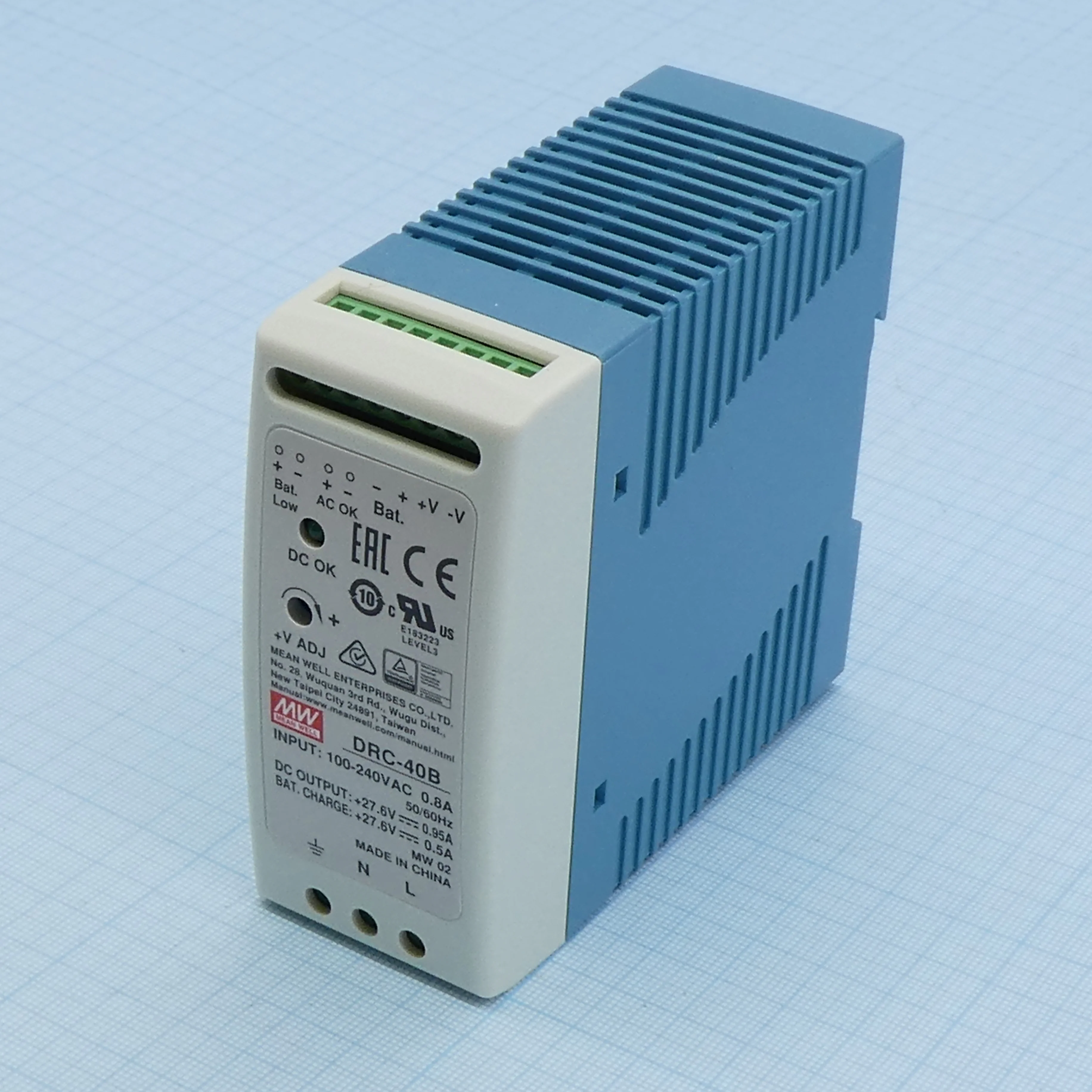 DRC-40B - AC-DC с функцией UPS, 40Вт, вход 90...264В АС/127...370В DC, выход1: 27.6В/0…1.45 (0.95 ном.) А, выход зарядного устройства 27.6В/0.5А, изоляция 3000В АС, в корпусе 40х90х100мм, -30...+70°С