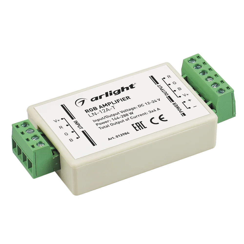 RGB-усилитель LN-12A-T (12/24V, 144/288W) 012984 - RGB-усилитель 12/24В, 144/288Вт. 4А на канал (3 канала). Корпус пластик.  Размер 98х45х18mm.