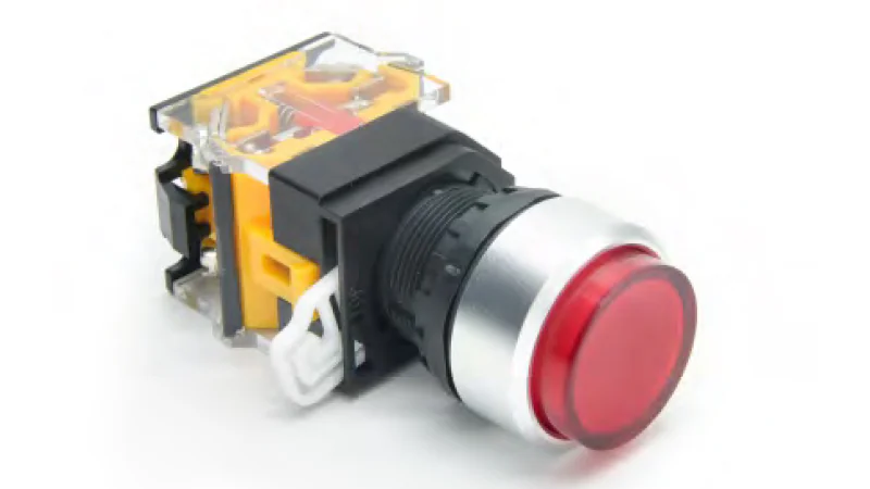 Кнопка  DT22M-FRH11/YE - Кнопка управления в сборе, без фиксации, 24 - 380VAC / DC, 0,6 - 10A, без подсветки, высокая, желтый, диаметр отверстия: 22 мм, металлическая обойма кнопки