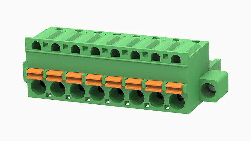 PCB розетка 2EDGKDM-5.08-08P-14 - Розеточный разъем, PCB, на кабель, прямой, с монтажными фланцами, шаг 5,08 мм, 8 полюса, сечение проводников: 0.2 - 2.5 мм кв., Push-in фиксация провода, 320V, 20А, цвет: зеленый, серия 2EDGKDM