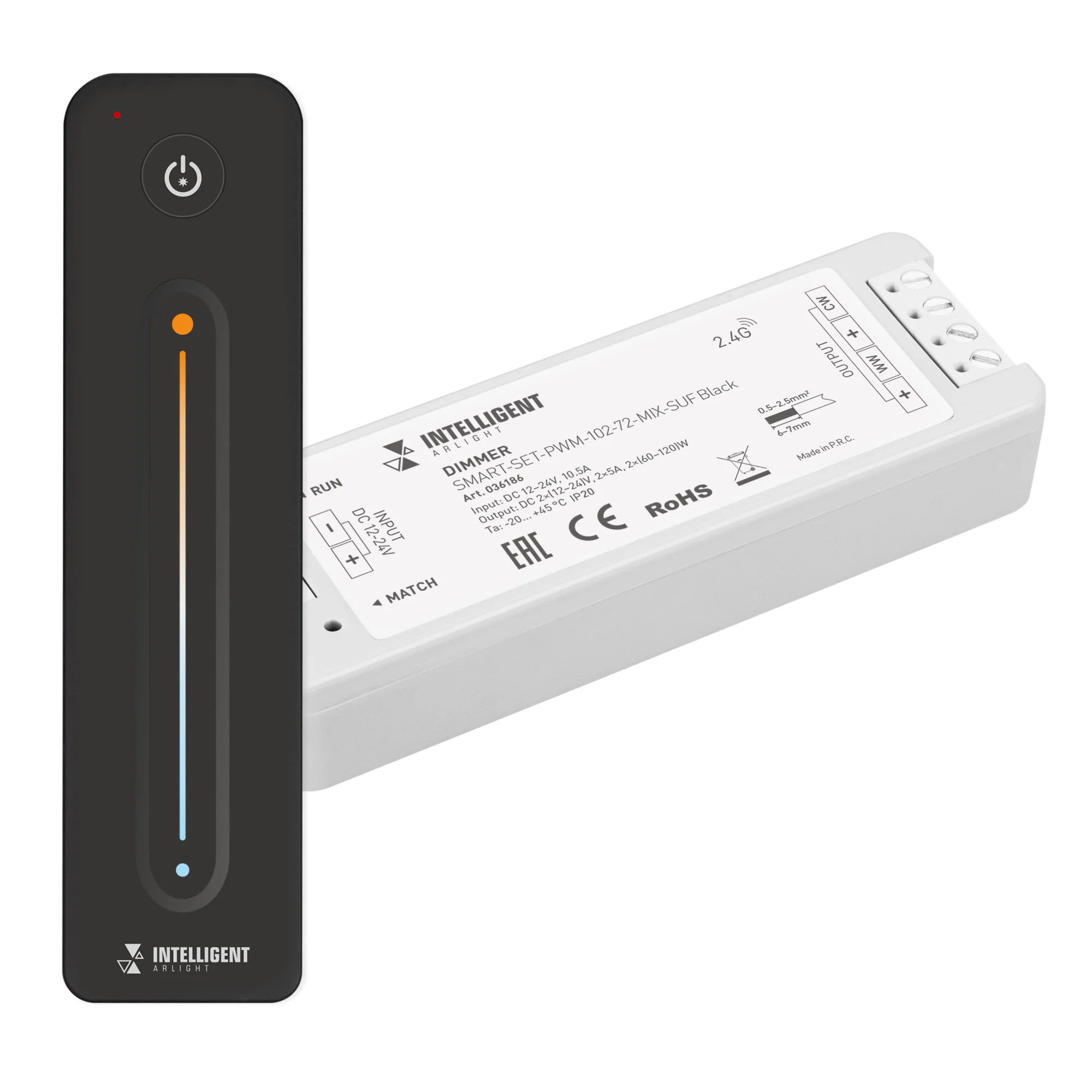 INTELLIGENT ARLIGHT Диммер SMART-SET-PWM-102-72-MIX-SUF Black (12-24V, 2x5A, ПДУ LINE, 2.4G) 036186 - Комплект диммер с пультом для MIX светодиодной ленты (ШИМ). Питание/рабочее напряжение 12-24VDC, максимальный ток 5A на канал, 2 канала, максимальная мощ