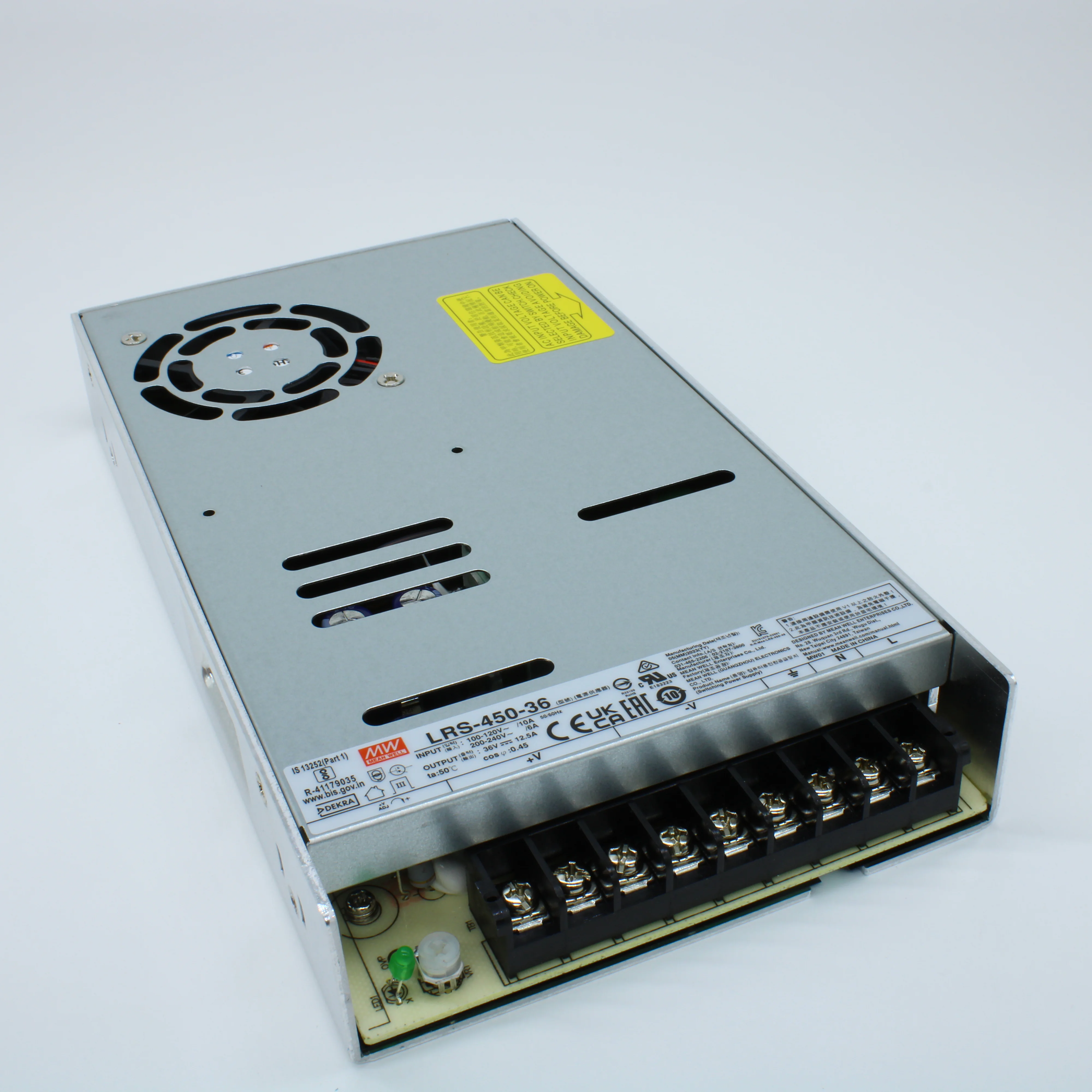LRS-450-36 - AC-DC, 450Вт, вход 90…264В AC (переключатель), 47…63Гц, выход 36В/12.5A, рег.вых=34.2…39.6В, изоляция 3000В AC, в кожухе 225х124х35мм, -25…+70°С