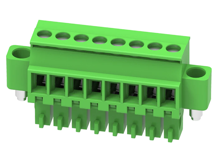 Розеточный разъем на кабель MC-RE3.5V08C-K - Розеточный разъем, угловой, на кабель, шаг: 3.5 мм, 8 полюсов, фиксация провода винтовая, исполнение: с монтажными фланцами, 160V, 8A, цвет: зеленый