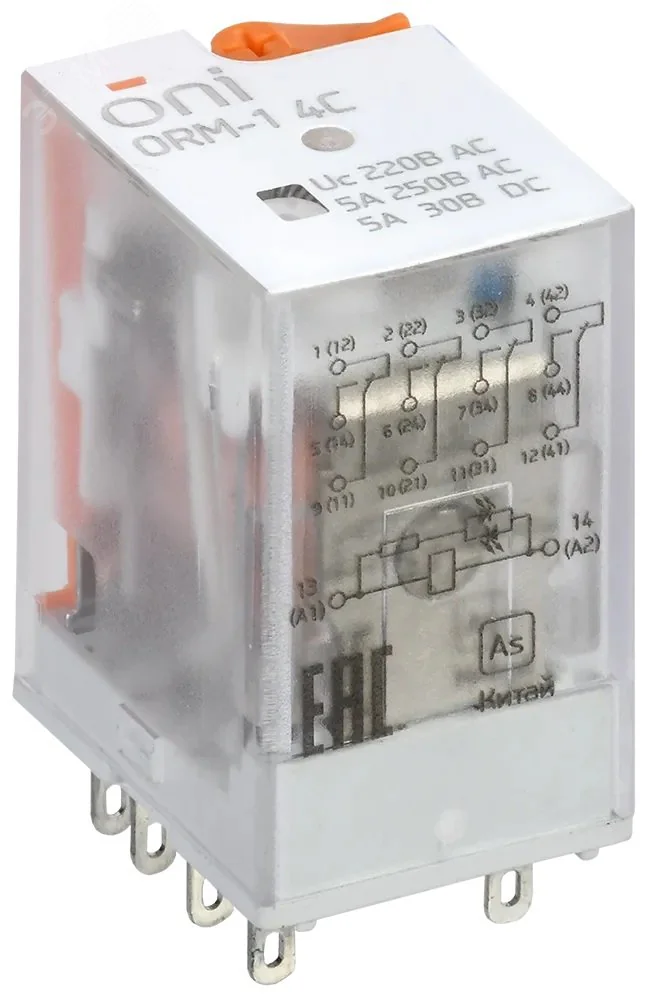 Реле интерфейсное ORM 4C 220В AC со светодиодом и тестовой кнопкой ORM-1-4C-AC220V-L-B
