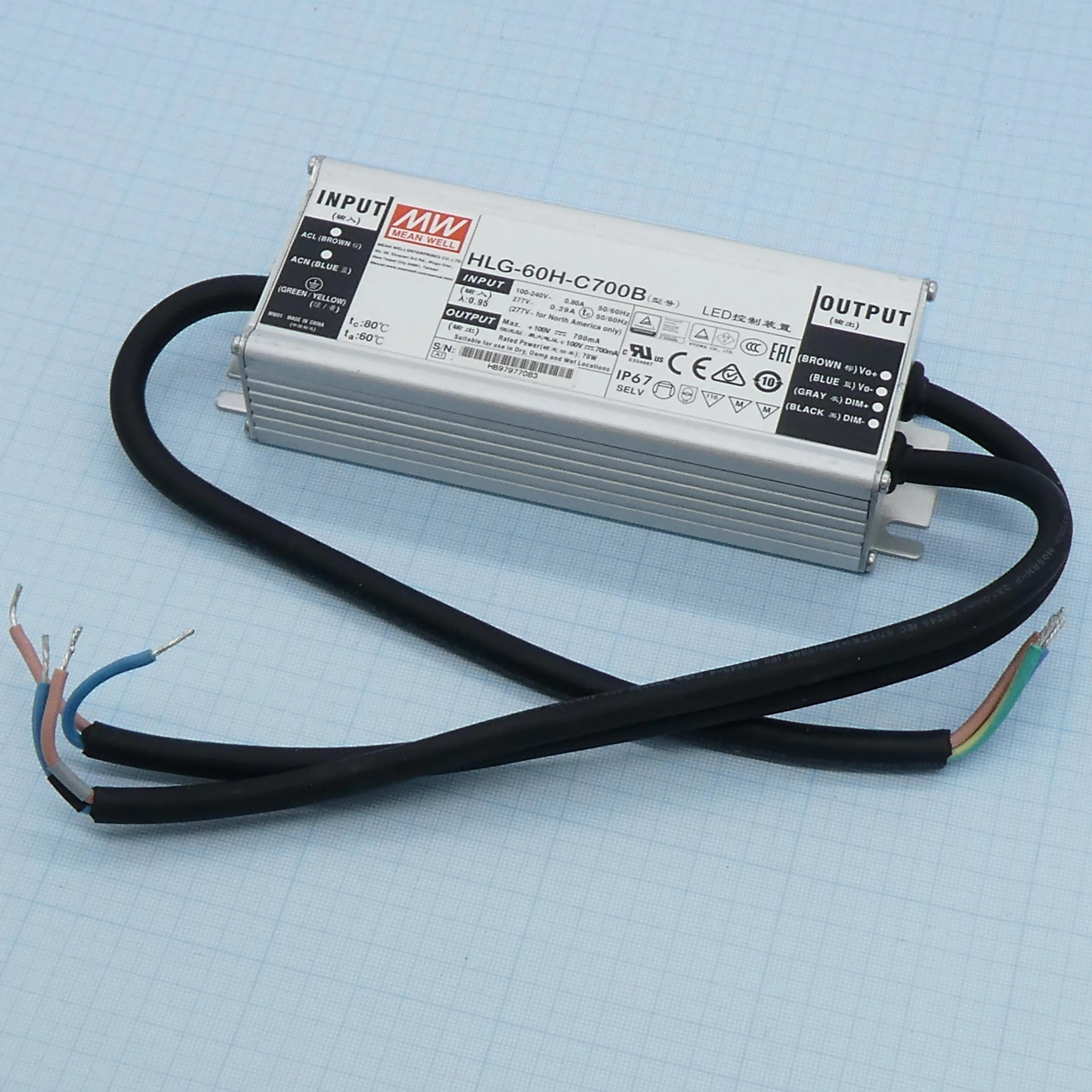 HLG-60H-C700B - AC-DC, 70Вт, IP67, вход 90…305В AC, 47…63Гц/127…431В DC, PFC, выход 50-100В/0.7А, димминг 3 в 1, рег. выхода 0.42…0.7A, изоляция 3750В AC, в кожухе 171х61.5х36.8, -40…+70°С