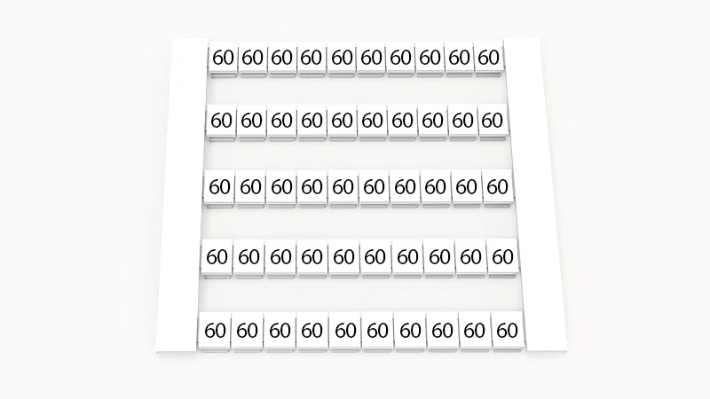 Марк. кассета DEK5-50P-19-130Z(H) - Маркировочные шильдики для клемм WS…, сечением 2,5 мм кв., боковая, 50 шильдиков, нанесенные символы: 60, по 5 полосок,с вертикальным расположением, размер шильдика: 4,8х5,5 мм, цвет белый