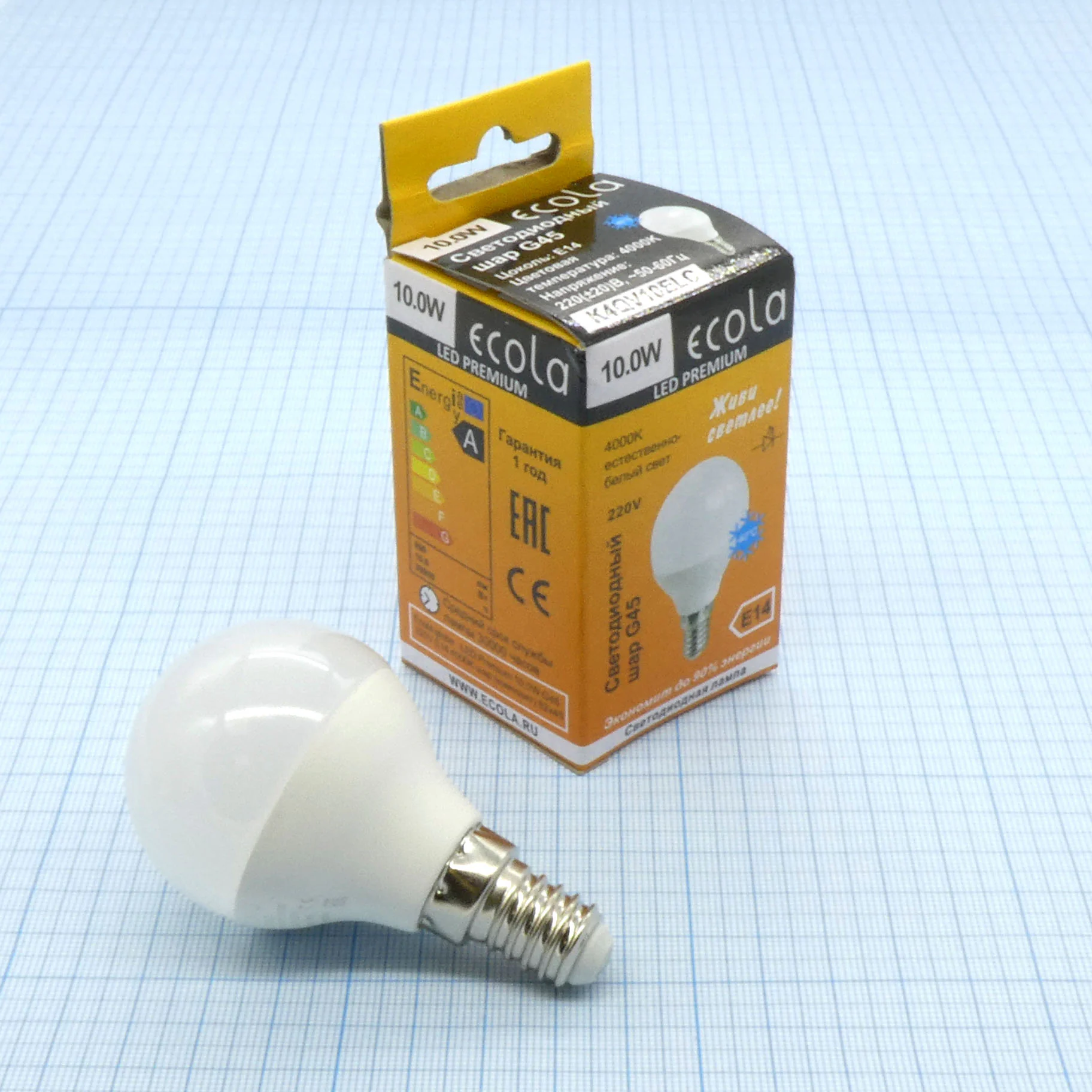 Лампа LED Ecola  10W хол шар (269) - E14,4000K,82*45,G45,композит