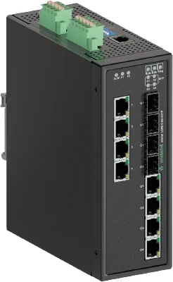 Коммутатор WIENET L2MS8-4G-4PoE-4 - Коммутатор серии WieNet, управляемый, 4 порта RJ45 скорость передачи 10/100/1000 MBit/s, 4 SFP порта 100BASE-FX / 1000BASE-X, 4 порта PoE, номинальное напряжение: 9-48 VDC, монтаж: на DIN рейку, материал корпуса: алюмин