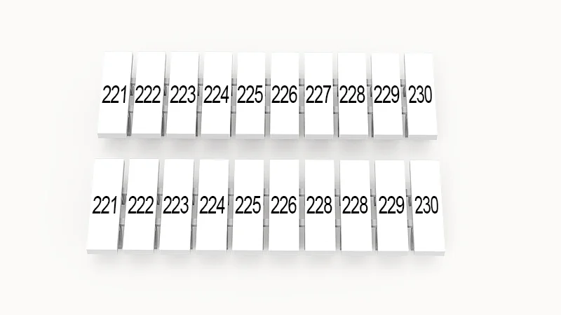 Марк.  полоска ZB3.5-10P-19-32Z(H) - Маркировочные шильдики для клемм DS…, сечением 1,5 мм кв., центральная, 10 шильдиков нанесенные символы: 221-230, с вертикальным расположением, размер шильдика: 2,95х10,7 мм, цвет белый