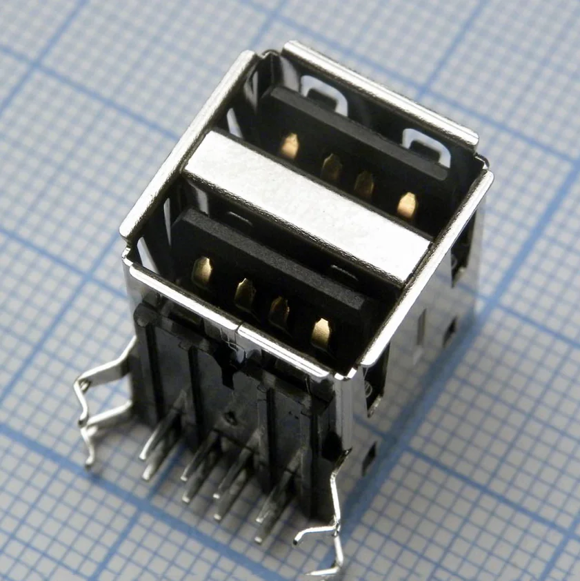USB A 11 розетка на плату *2 - Разъем USB тип А, розетка на плату сдвоенная угловая, 2*4 контакта