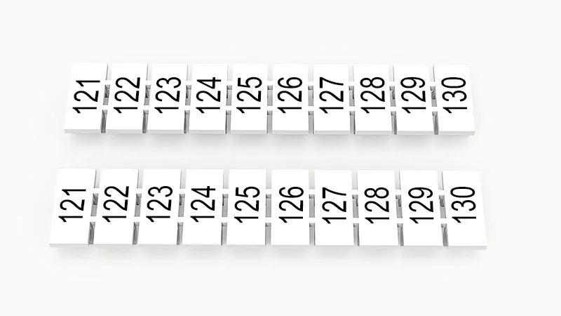 Марк.  полоска ZB6-10P-19-127Z(H) - Маркировочные шильдики для клемм WS…, DC…, PC…, сечением 4 мм кв., центральная, 10 шильдиков нанесенные символы: 121-130, с горизонтальным расположением, размер шильдика: 5,55х10,7 мм, цвет белый