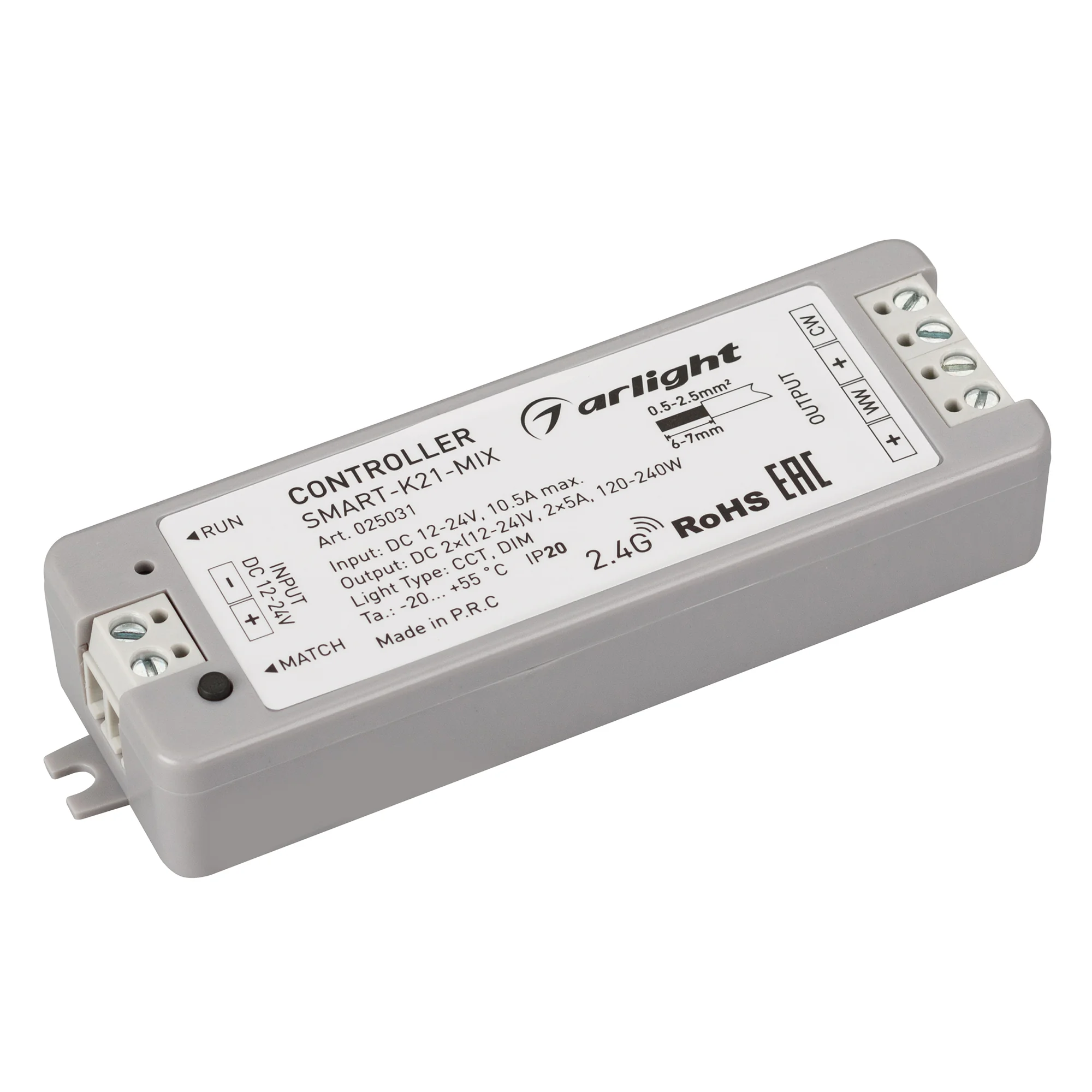 Контроллер SMART-K21-MIX (12-24V, 2x5A, 2.4G) 025031 - Контроллер для светодиодной MIX ленты (ШИМ). Питание/рабочее напряжение 12-24VDC, максимальный ток 5A на канал, 2 канала, максимальная мощность 120-240W. Винтовые клеммы. Корпус - PVC. Габариты 97x33x