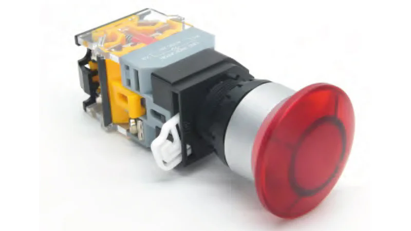 Кнопка  DT22M-MLD11/RDAC/DC24 - Кнопка управления в сборе, с блокировкой, 24 - 380VAC / DC, 0,6 - 10A, с подсветкой, 24VDC, цвет: красный, диаметр отверстия: 22 мм, металлическая обойма кнопки