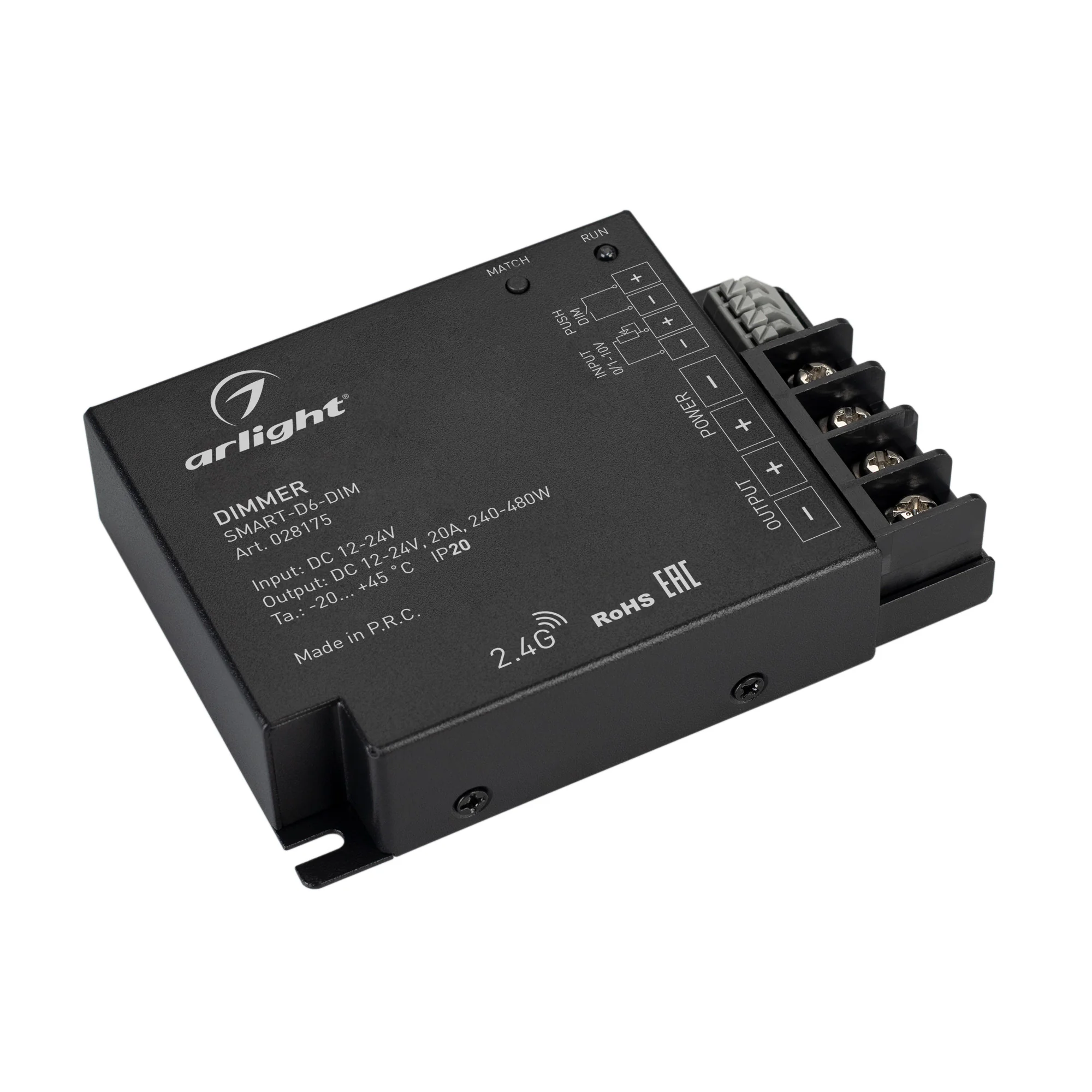 Диммер SMART-D6-DIM (12-24V, 1x20A, 2.4G) 028175 - Диммер для монохромной светодиодной ленты (ШИМ). Входной сигнал: RF 2.4G, 0/1-10V, PUSH DIM. Питание/рабочее напряжение 12-24VDC, максимальный ток 20A на канал, 1 канал, максимальная мощность 240-480W. Ви