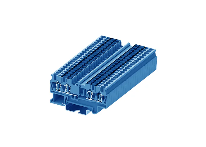 Проходная клемма TC2.5-2X2-BU - Проходная клемма, с разрывом цепи, 2X2 точки подключения, тип фиксации провода: пружинный, номинальное сечение: 2,5 мм кв., 24A, 800V, ширина: 5,2 мм, цвет: синий, тип монтажа: DIN 35