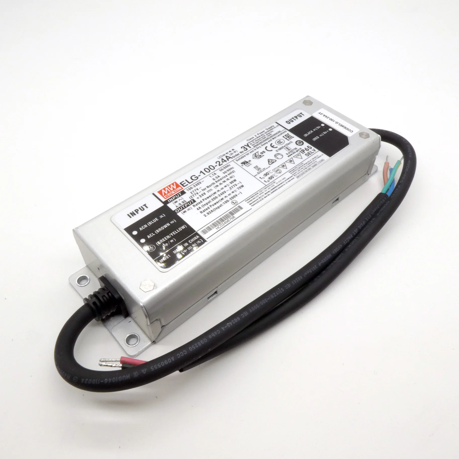 ELG-100-24A-3Y - AC-DC, 96Вт, IP65, вход 100…305В AC, 47…63Гц/142…431В DC, ККМ, выход 12…24В/2…4А, изоляция 3750В AC, в кожухе 199х63х35,5мм, -40…+70°С, рег. выхода, с проводом заземления