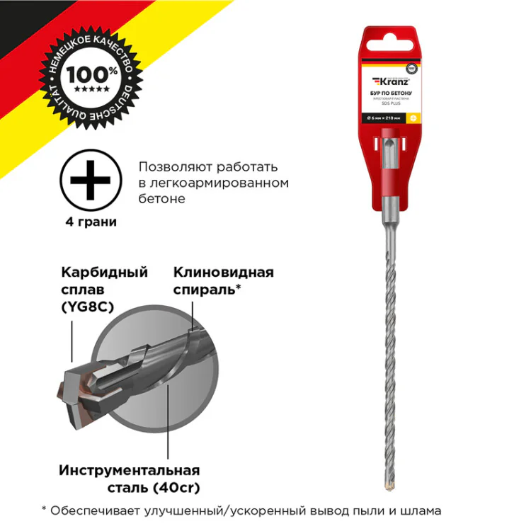 Бур по бетону 6x210x150 мм крестовая пластина SDS PLUS KR-91-0803