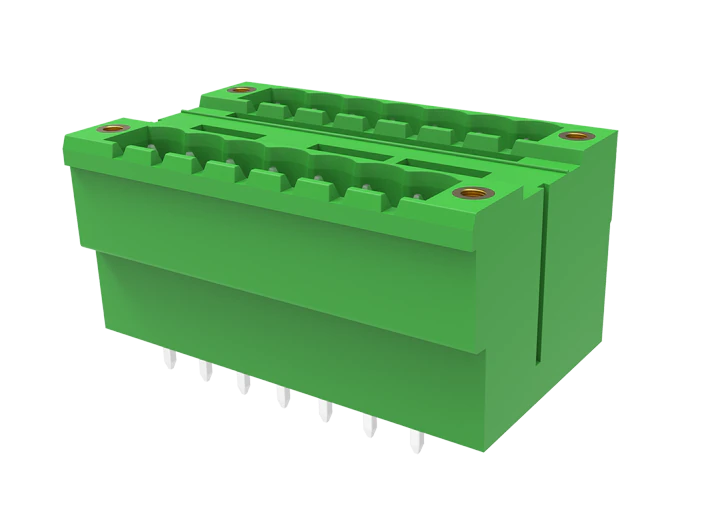 Вилочный разъем на плату MC-DPA5.0V02-F-0002 - Вилочный разъем, вертикальный, 2 этажа, на плату, шаг: 5.0 мм, 2x2 полюса, фиксация на плате пайкой, исполнение: с монтажными фланцами, 320V, 10A, цвет: зеленый