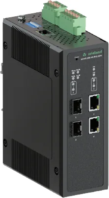 Коммутатор WIENET L2MS 4G-2PoE-2SF - Коммутатор серии WieNet, управляемый, 2 порта RJ45 скорость передачи 10/100 MBit/s, 2 SFP порта, 2 порта PoE, номинальное напряжение: 9-57 VDC, монтаж: на DIN рейку, материал корпуса: алюминий