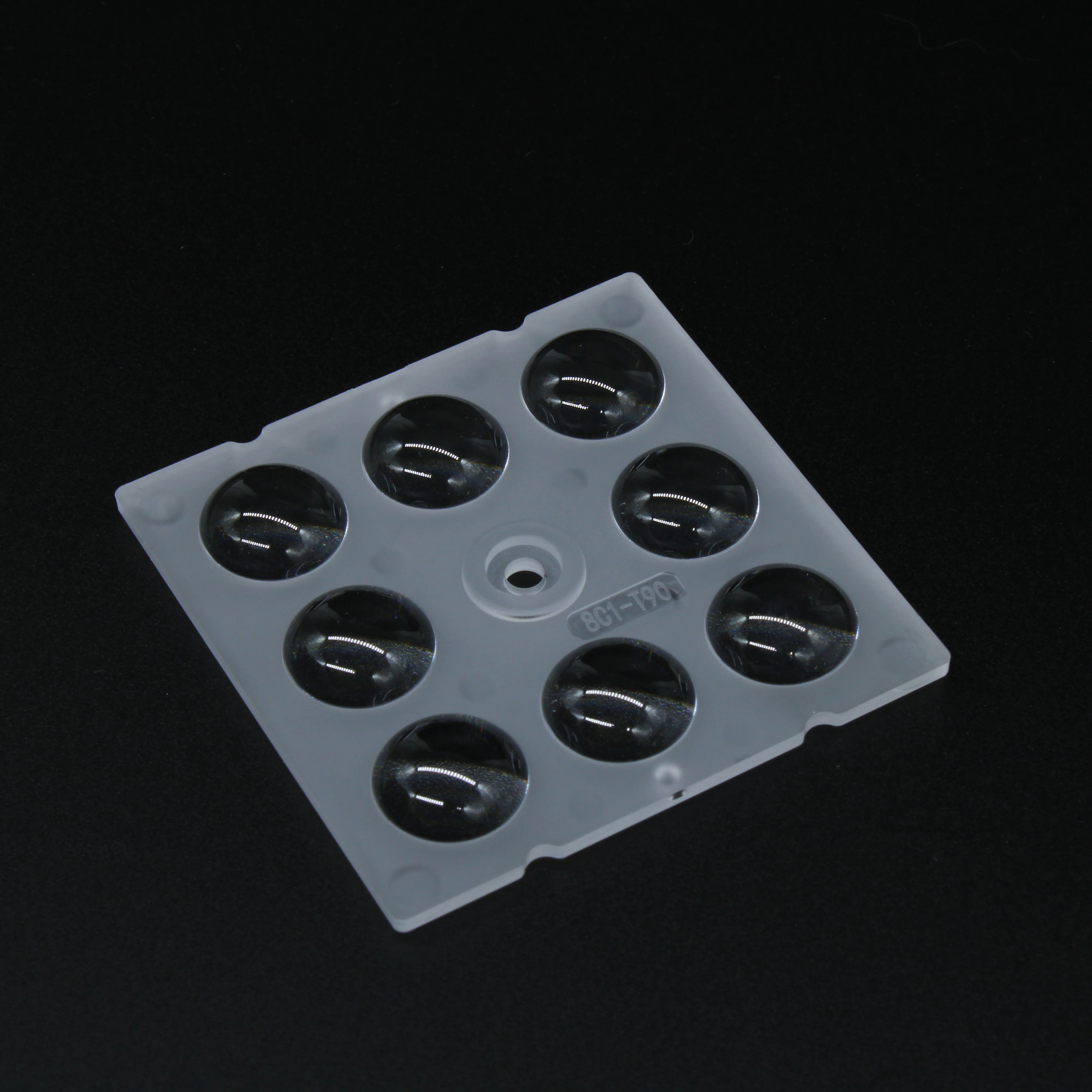 AJHB50D8LED90G - Групповая квадратная линза на 8 светодиодов 5050/3535/3030 , эфф=89%, ~90°,  50x50mm   H:6.2mm, PC