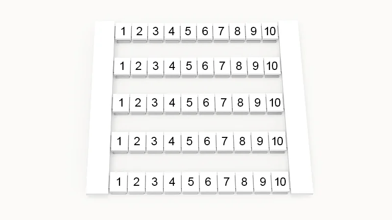Марк. кассета DEK5-50P-19-132Z(H) - Маркировочные шильдики для клемм WS…, сечением 2,5 мм кв., боковая, 50 шильдиков, нанесенные символы: 1-10, по 5 полосок,с вертикальным расположением, размер шильдика: 4,8х5,5 мм, цвет белый