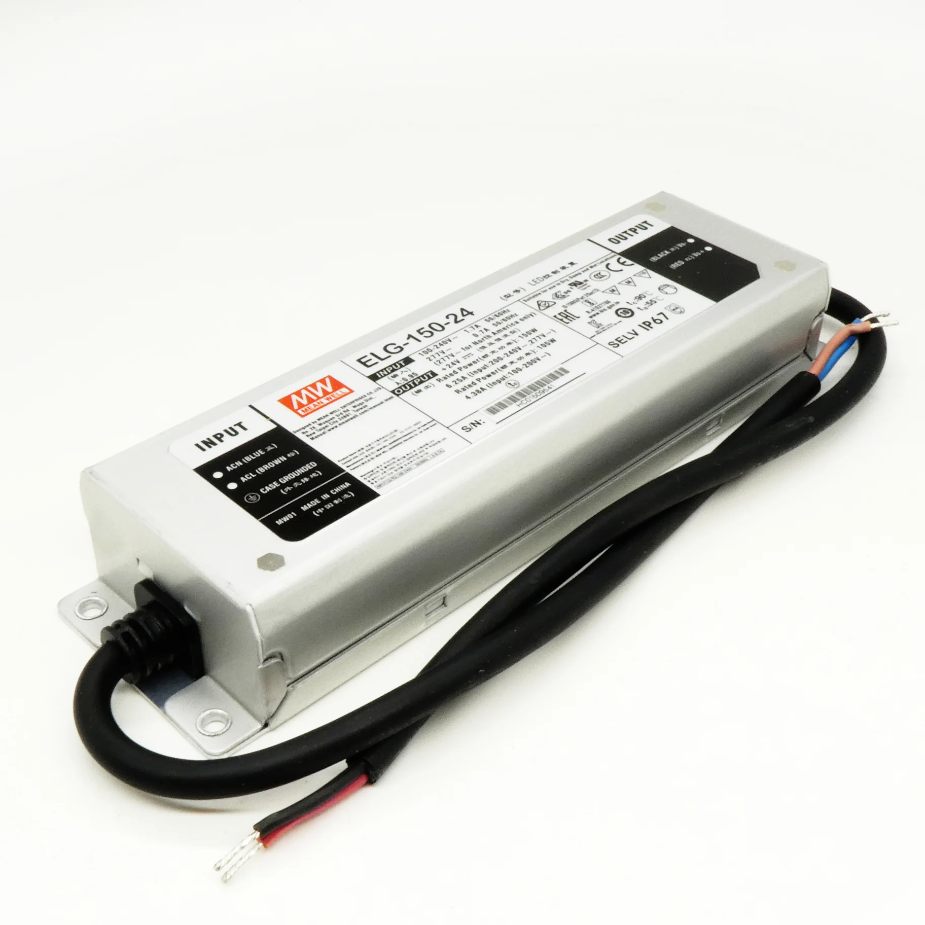ELG-150-24 - AC-DC, 150Вт, IP67, вход 100…305В AC, 47…63Гц/142…431В DC, ККМ, выход 12...24В/6.25A, изоляция 3750В AC, в кожухе 219х63х35,5мм, -40…+70°С