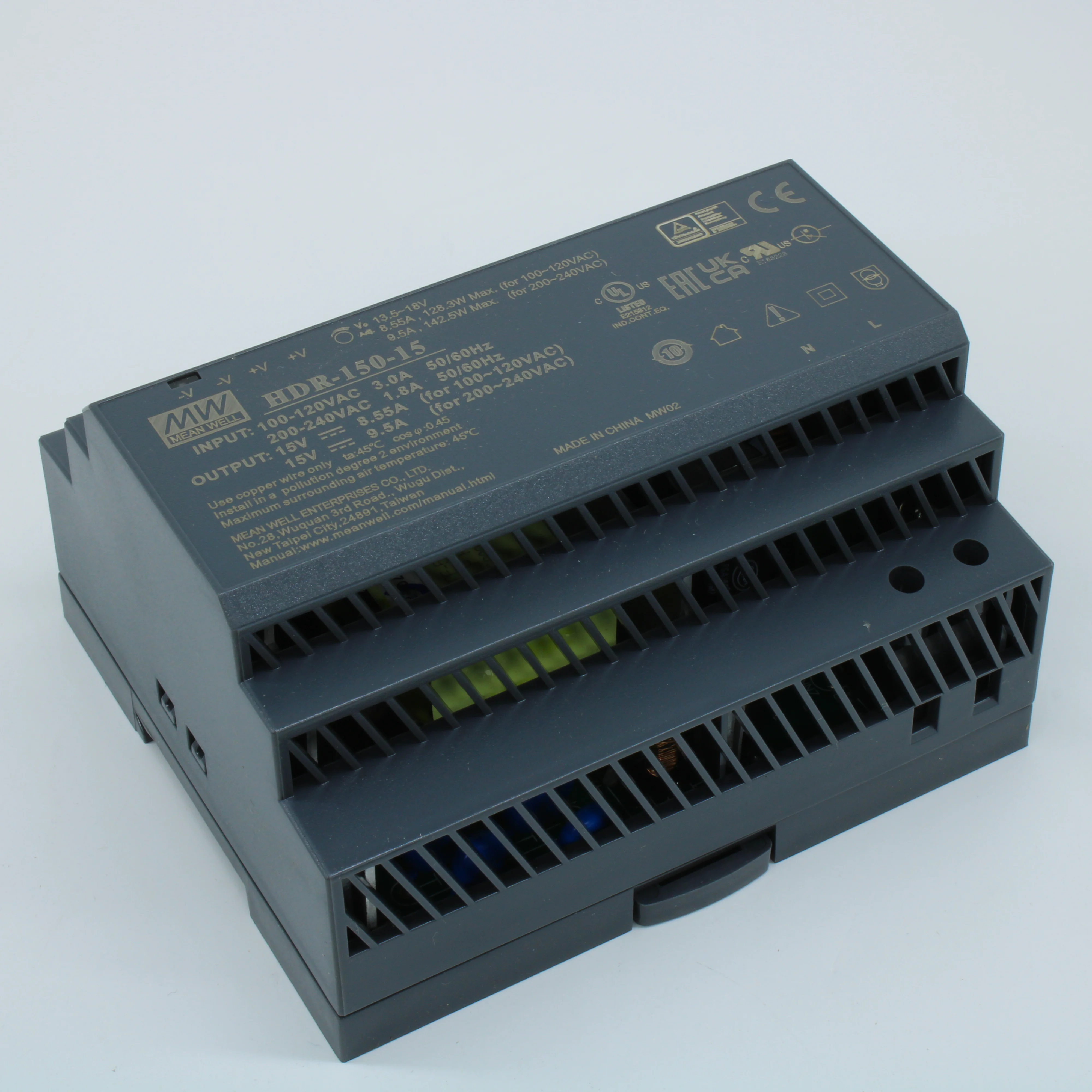 HDR-150-15 - AC-DC, 142.5Вт, вход 85...264 В AC 47...63Гц/120...370В DC, выход 15В/9.5А, рег. выхода 13.5…18В, изоляция 3000В AC, в кожухе на DIN-рейку, 105х90х54.5мм, -30...+70°С