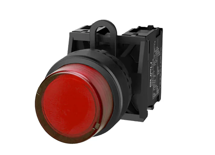 Кнопка выпуклая (красная) TS2517-0BM10-R20 - Кнопка круглая выпуклая, без блокировки, LED AC 220V, пластиковое переднее кольцо, с плавным нажатием, с контактной группой 2NO, диаметр головки кнопки 29,5 мм, диаметр посадочного отверстия: 22 мм, цвет: красн