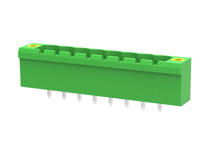 Вилочный разъем на плату MC-PA5.08V08-F-0001 - Вилочный разъем, вертикальный, на плату, шаг: 5.08 мм, 8 полюсов, фиксация на плате пайкой, исполнение: с монтажными фланцами, 320V, 18A, цвет: зеленый