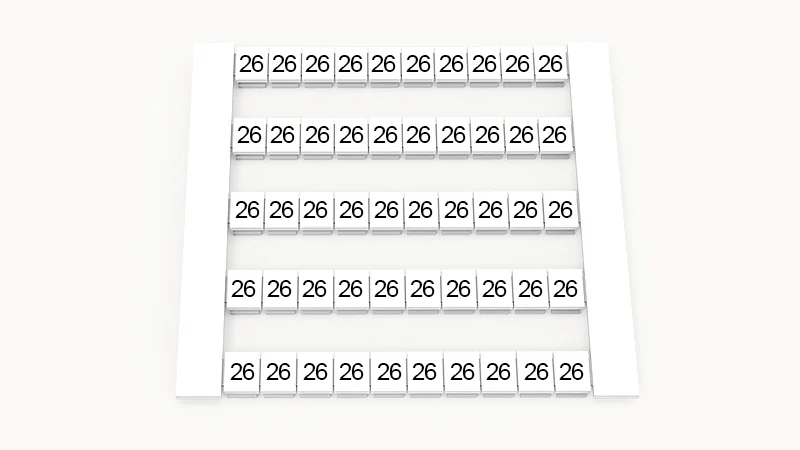 Марк. кассета DEK6-50P-19-16Z(H) - Кассета с шильдиками для клемм WS…, сечением 4 мм кв., боковая, 50 шильдиков, нанесенные символы: 26, 5 полосок, с вертикальным расположением, размер шильдика: 5,8х5,5 мм, цвет белый