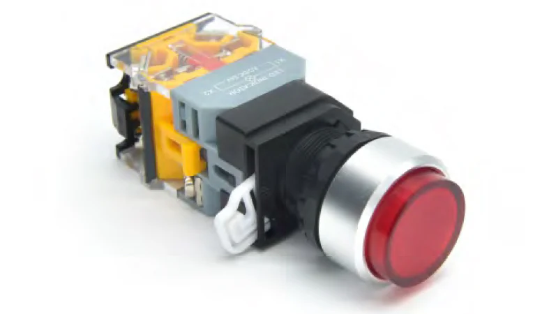 Кнопка  DT22M-FLHD11/YEAC/DC24 - Кнопка управления в сборе, с блокировкой, 24 - 380VAC / DC, 0,6 - 10A, с подсветкой, 24VDC, высокая, 1NO1NC, цвет: желтый, диаметр отверстия: 22 мм, металлическая обойма кнопки