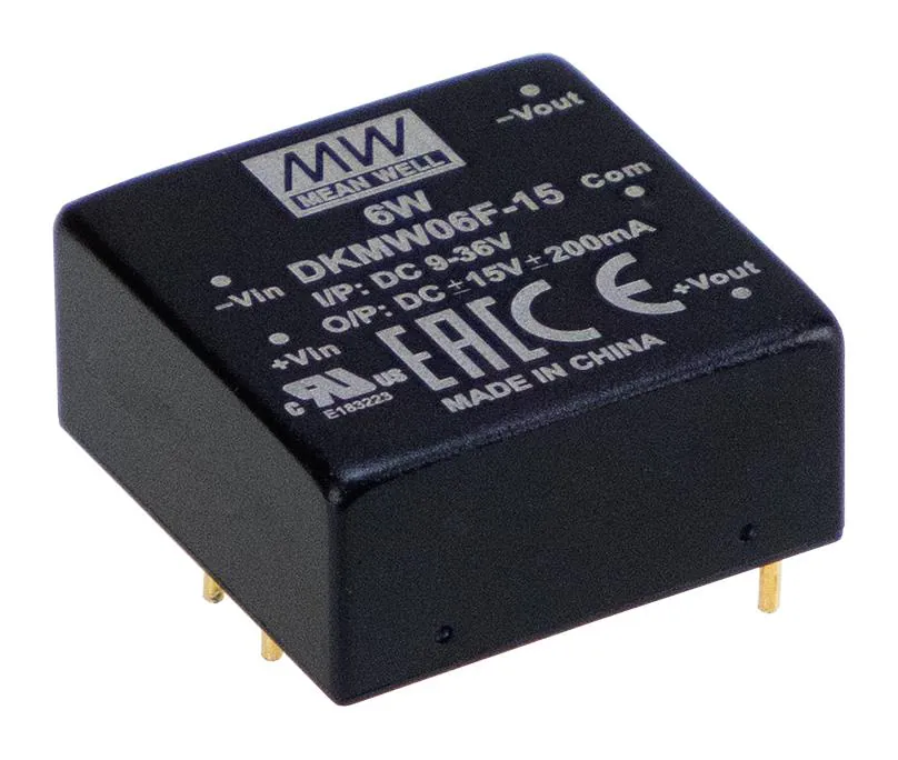 DKMW06F-15 - Преобразователь DC/DC, 6Вт, Uвх=9…36В, выход ±15В/±0.2А, изоляция 1500В DC, 25.4х25.4х11.7мм, -40°С…+85°С