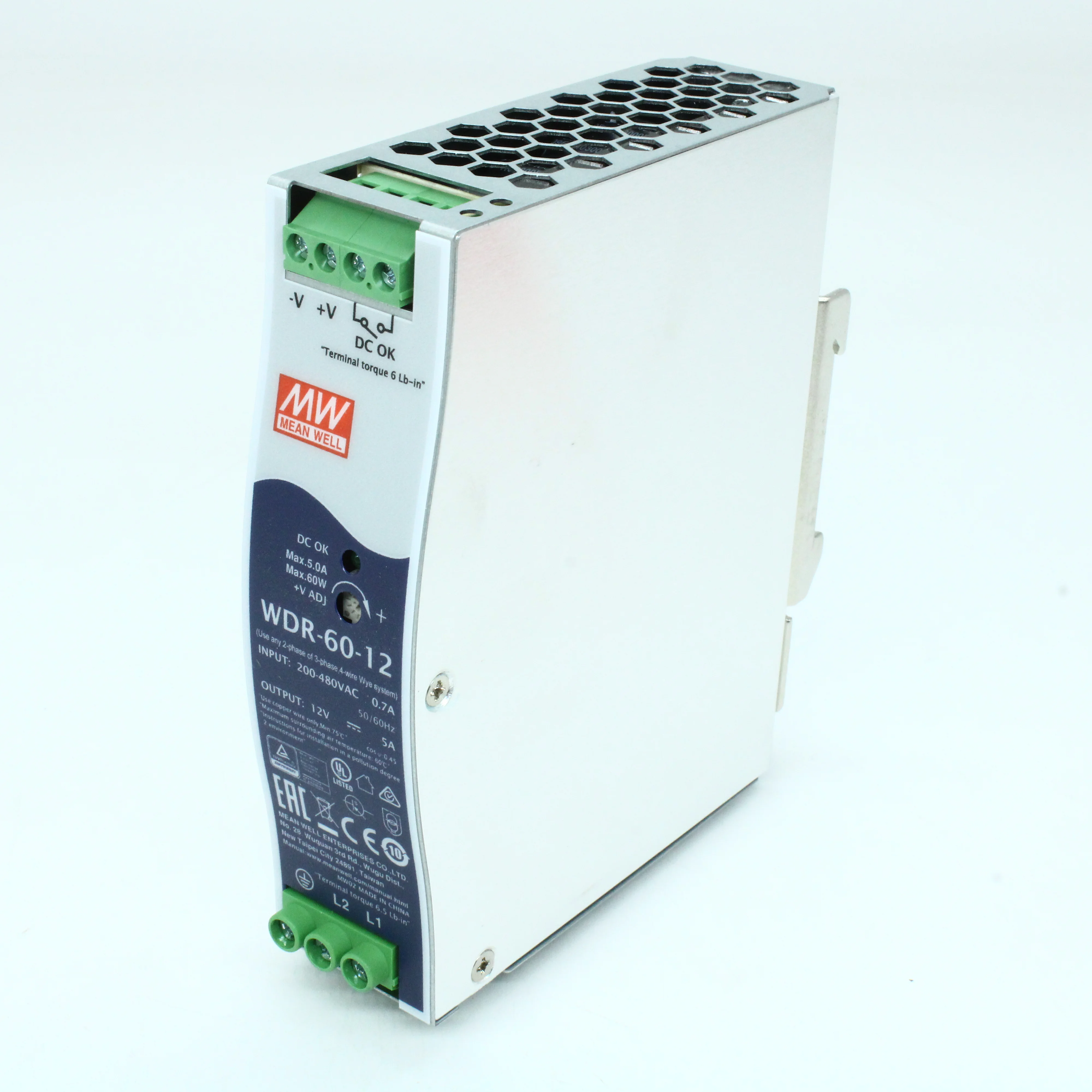 WDR-60-12 - Преобразователь AC-DC на DIN-рейку 60Вт, выход 12В/0…5A, рег. вых=12…15В, вход 180…550V AC, 47…63Гц /254…780V DC, изоляция 3000В AC, в кожухе 32х125.2х102мм, -30…+85°С