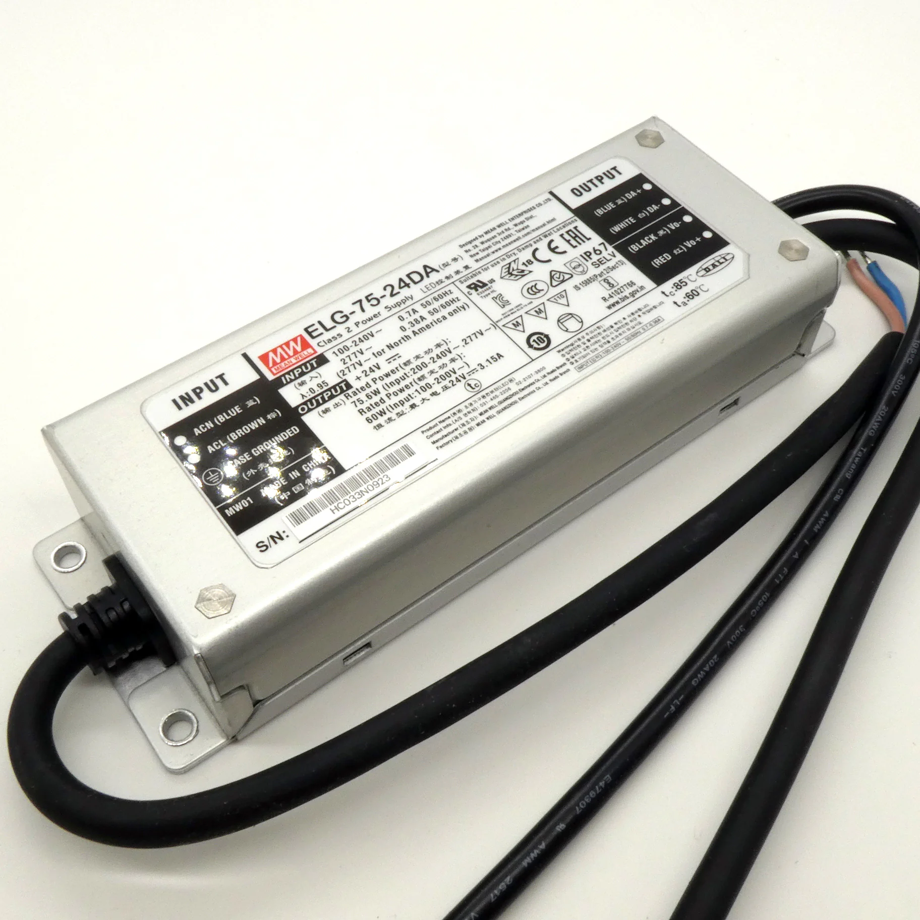 ELG-75-24DA - AC-DC, 75.6Вт, IP67, вход 100…305В AC, 47…63Гц/142…431В DC, ККМ, выход 12…24В/3.15А, изоляция 3750В AC, в кожухе 180х63х35,5мм, -40…+85°С (корпус), DALI димминг