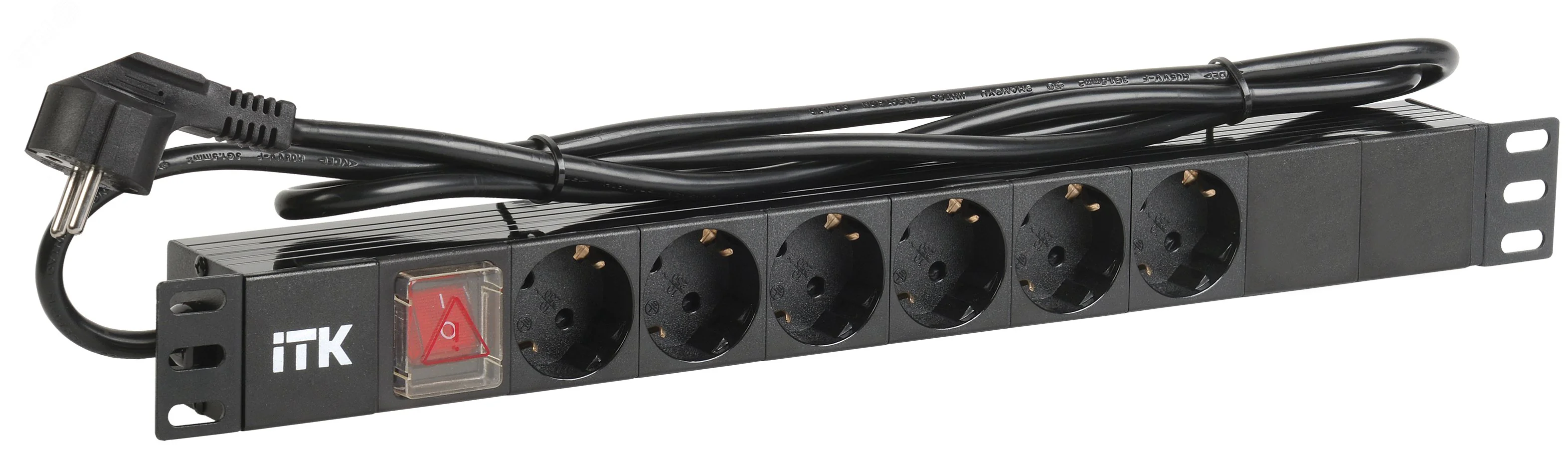 Блок розеток (PDU) 6 розеток DIN49440 с LED выключателем 1U шнур 2м вилка DIN49441 профиль из ПВХ черный (нем.станд) PH12-6D1-P