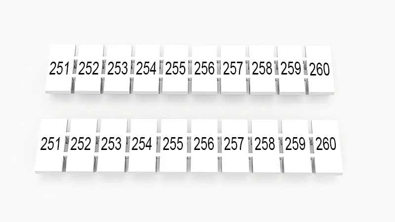 Марк.  полоска ZB5-10P-19-237Z(H) - Маркировочные шильдики для клемм WS…, DC…, PC…, сечением 2,5 мм кв., центральная, 10 шильдиков, нанесенные символы: 251-260 с вертикальным расположением, размер шильдика: 4,55х10,7 мм, цвет белый