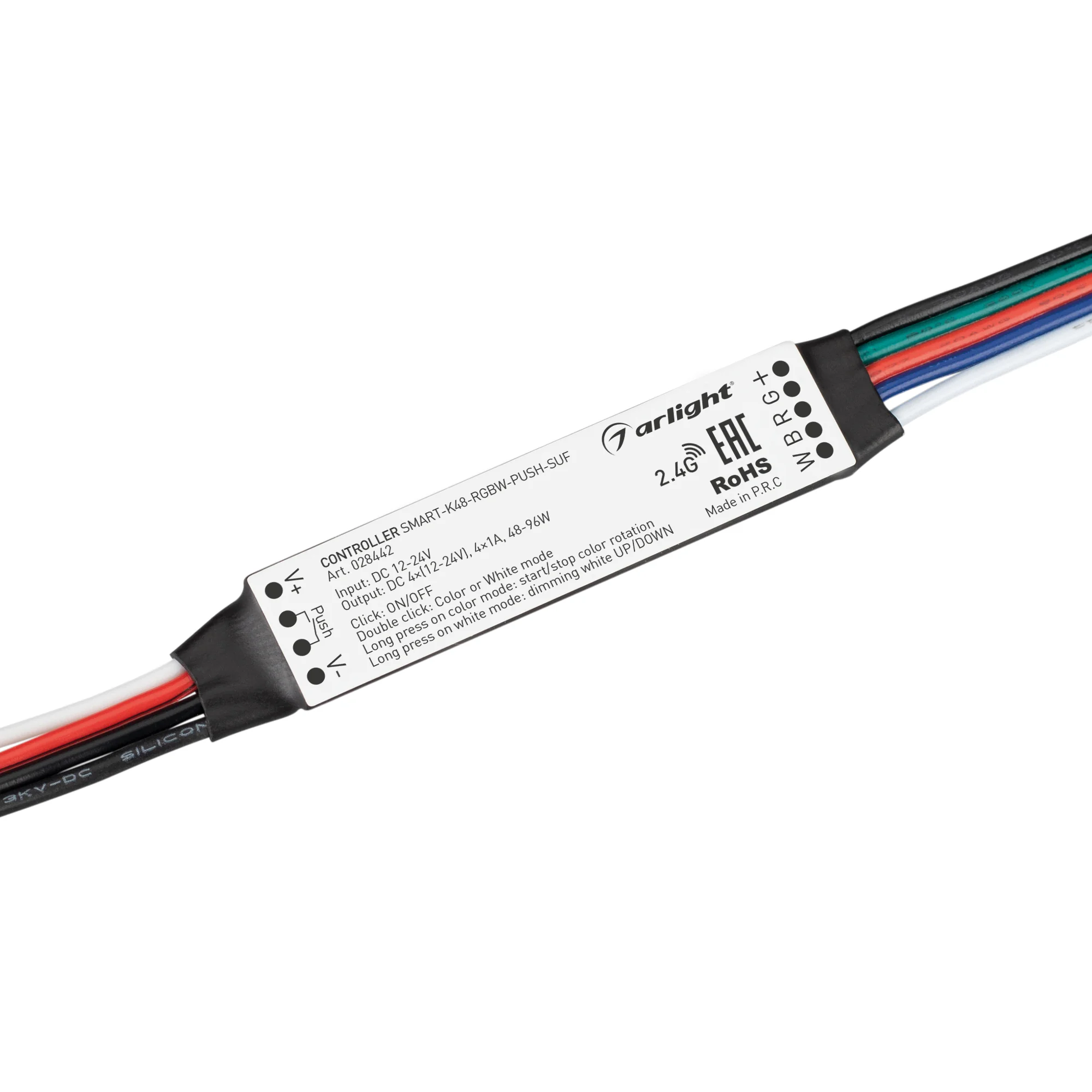 Контроллер SMART-K48-RGBW-PUSH-SUF (12-24V, 4x1A, 2.4G) 028442 - Миниатюрный контроллер для RGBW светодиодной ленты (ШИМ). Питание/рабочее напряжение 12-24VDC, максимальный ток 1A на канал, 4 канала, максимальная мощность 48-96W. Поддерживает функцию Push