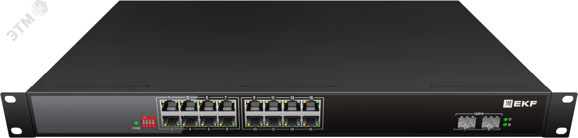Промышленный неуправляемый коммутатор U-2GX/SFP-16GTP-R, 2 порта 1000Base-X SFP, 16 портов 10/100/1000Base-T(X) RJ45 c PoE, монтаж в 19" стойку TSX EKF