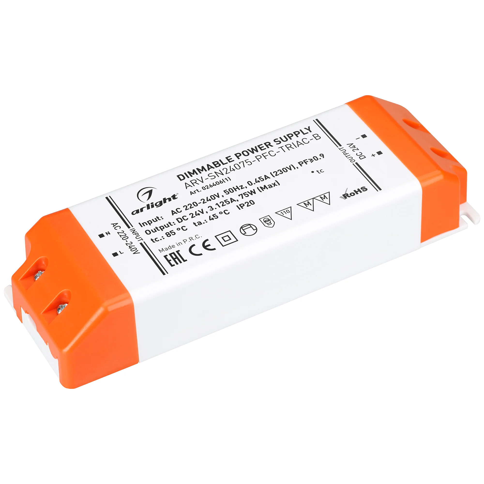 Блок питания ARV-SN24075-PFC-TRIAC-B (24V, 3.1A, 75W) 026406(1) - Диммируемый источник напряжения по стандарту TRIAC с гальванической развязкой для светодиодных изделий. Входное напряжение 220-240 VAC. Выходные параметры: 24 В, 3.1А, 75 Вт. Встроенный PFC