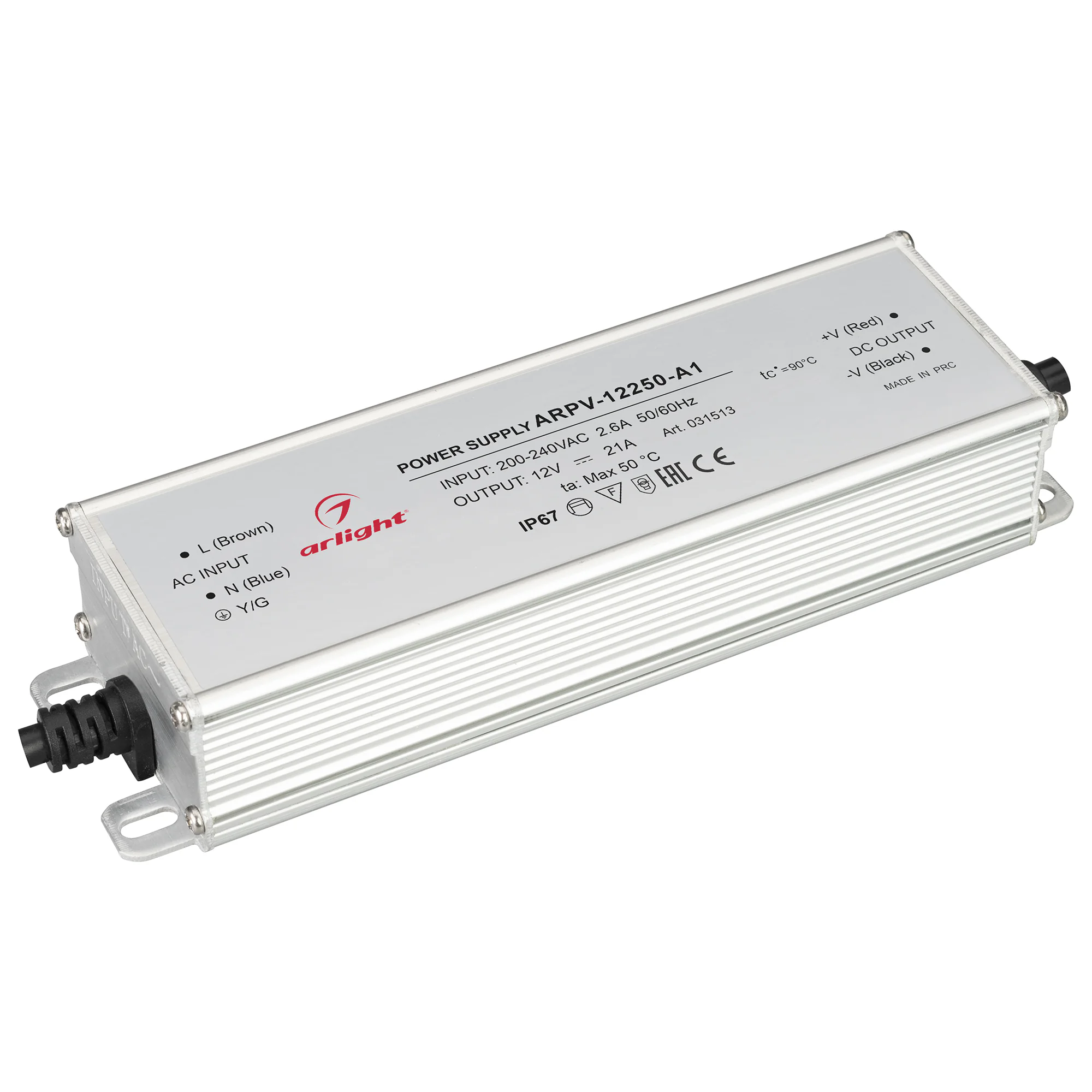 Блок питания ARPV-12250-A1 (12V, 21A, 252W) 031513 - Источник напряжения с гальванической развязкой для светодиодных изделий. Входное напряжение 200-240 VAC. Выходные параметры: 12 В, 21 А, 252 Вт. Встроенный PFC >0,5. Герметичный алюминиевый корпус IP 67